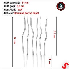 Gümüş Metalik Krom Renkli Spiral Pasta Mumu 14 cm - 6 Adet