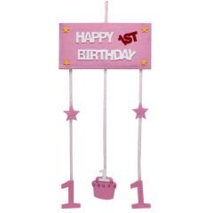 1 Yaş Pastalı Keçe Avize Süs - Pembe -  57,00 cm.