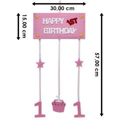 1 Yaş Pastalı Keçe Avize Süs - Pembe -  57,00 cm.