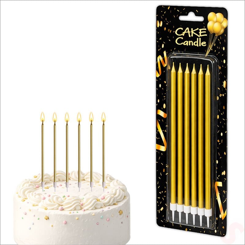 Metalik Altın İnce Uzun Pasta Mumu 19 cm - 6 Adet