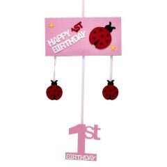1 Yaş Uğur Böcekli Keçe Avize Süs - Pembe - 57,00 cm.