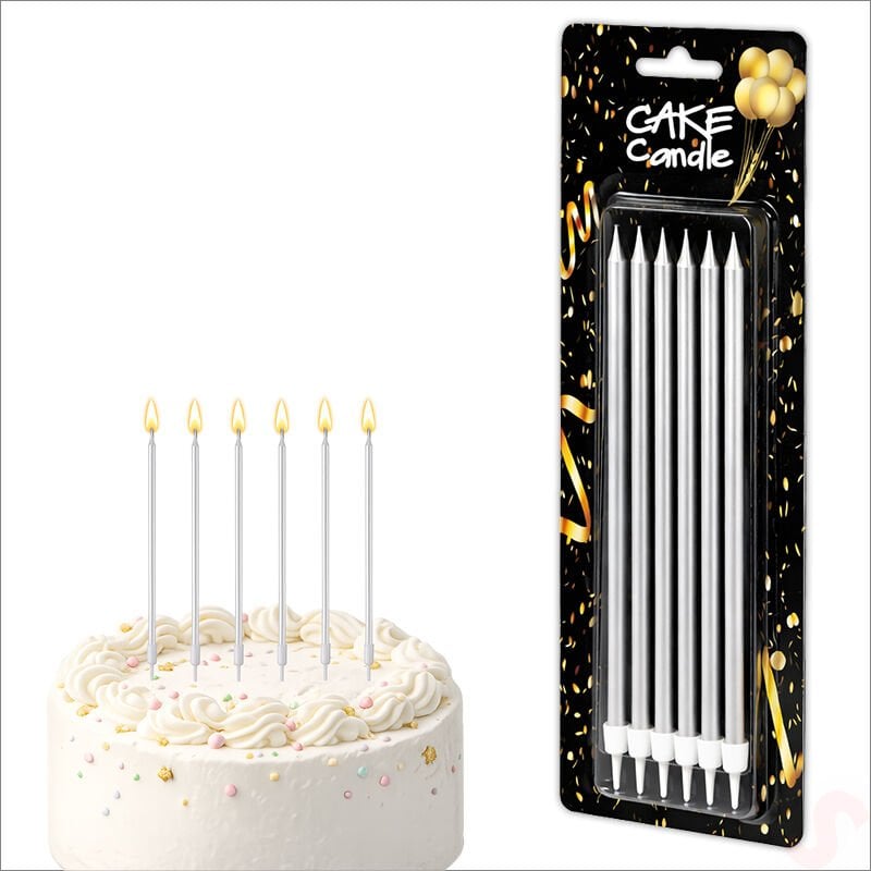 Metalik Gümüş İnce Uzun Pasta Mumu 19 cm - 6 Adet