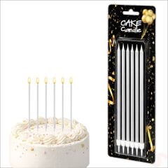 Metalik Gümüş İnce Uzun Pasta Mumu 19 cm - 6 Adet