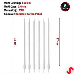 Metalik Gümüş İnce Uzun Pasta Mumu 19 cm - 6 Adet