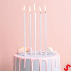 Metalik Gümüş İnce Uzun Pasta Mumu 19 cm - 6 Adet