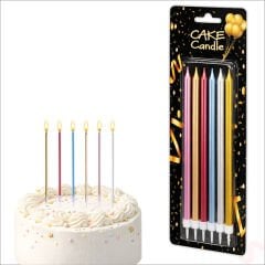 Metalik Çok Renkli İnce Uzun Pasta Mumu 19 cm - 6 Adet
