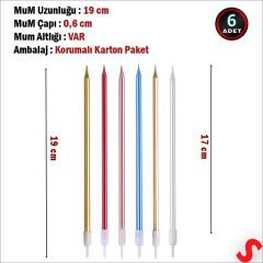 Metalik Çok Renkli İnce Uzun Pasta Mumu 19 cm - 6 Adet