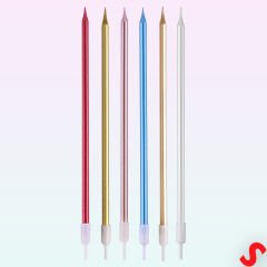 Metalik Çok Renkli İnce Uzun Pasta Mumu 19 cm - 6 Adet