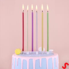 Metalik Çok Renkli İnce Uzun Pasta Mumu 19 cm - 6 Adet