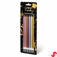 Metalik Çok Renkli İnce Uzun Pasta Mumu 19 cm - 6 Adet