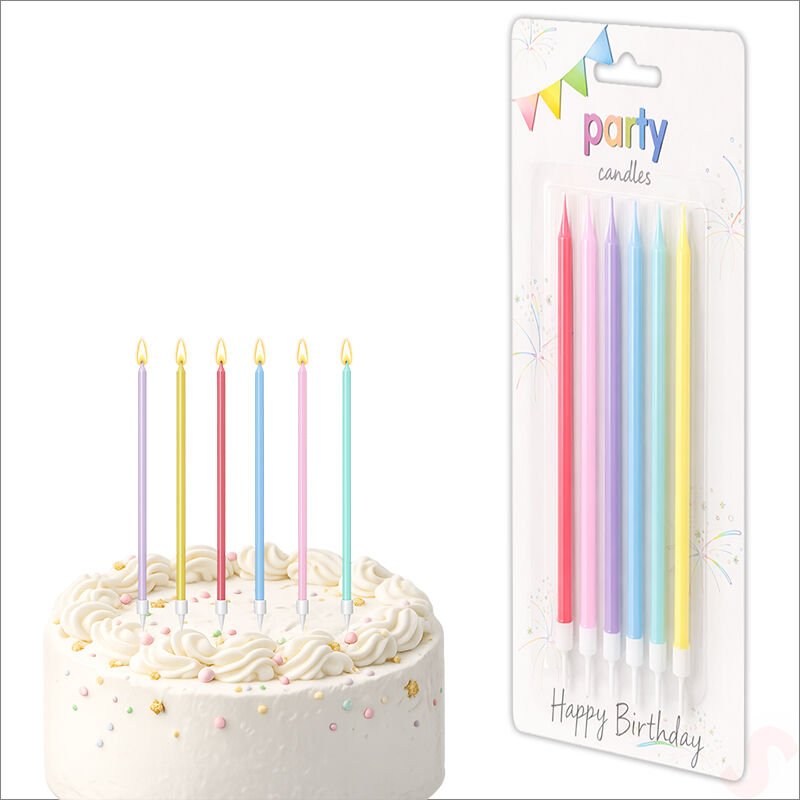 Makaron Çok Renkli İnce Uzun Pasta Mumu 19 cm - 6 Adet