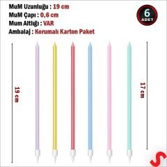 Makaron Çok Renkli İnce Uzun Pasta Mumu 19 cm - 6 Adet