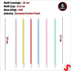 Makaron Çok Renkli İnce Uzun Pasta Mumu 19 cm - 6 Adet