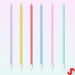 Makaron Çok Renkli İnce Uzun Pasta Mumu 19 cm - 6 Adet