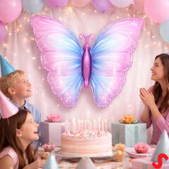 Kelebek Folyo Balon, 82 cm x 53 cm - Pembe Mavi