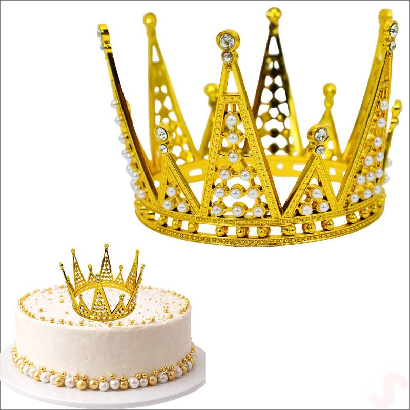 İncili ve Taşlı Plastik, Pasta Süsleme Tacı 10,5 cm x 8 cm - Altın