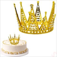 İncili ve Taşlı Plastik, Pasta Süsleme Tacı 10,5 cm x 8 cm - Altın