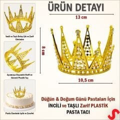 İncili ve Taşlı Plastik, Pasta Süsleme Tacı 10,5 cm x 8 cm - Altın