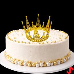 İncili ve Taşlı Plastik, Pasta Süsleme Tacı 10,5 cm x 8 cm - Altın