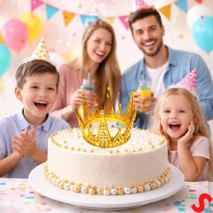 İncili ve Taşlı Plastik, Pasta Süsleme Tacı 10,5 cm x 8 cm - Altın