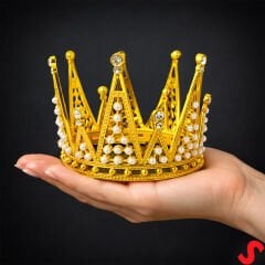 İncili ve Taşlı Plastik, Pasta Süsleme Tacı 10,5 cm x 8 cm - Altın