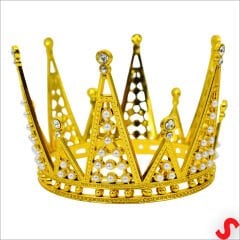 İncili ve Taşlı Plastik, Pasta Süsleme Tacı 10,5 cm x 8 cm - Altın