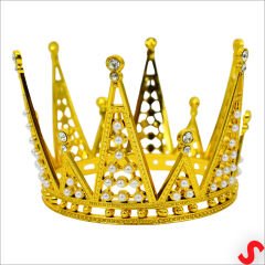 İncili ve Taşlı Plastik, Pasta Süsleme Tacı 10,5 cm x 8 cm - Altın