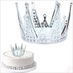 İncili ve Taşlı Plastik, Pasta Süsleme Tacı 10,5 cm x 8 cm - Gümüş