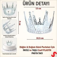 İncili ve Taşlı Plastik, Pasta Süsleme Tacı 10,5 cm x 8 cm - Gümüş