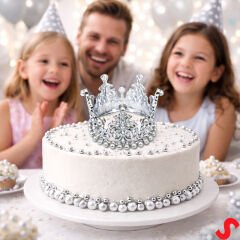 İncili ve Taşlı Plastik, Pasta Süsleme Tacı 10,5 cm x 8 cm - Gümüş