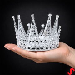 İncili ve Taşlı Plastik, Pasta Süsleme Tacı 10,5 cm x 8 cm - Gümüş