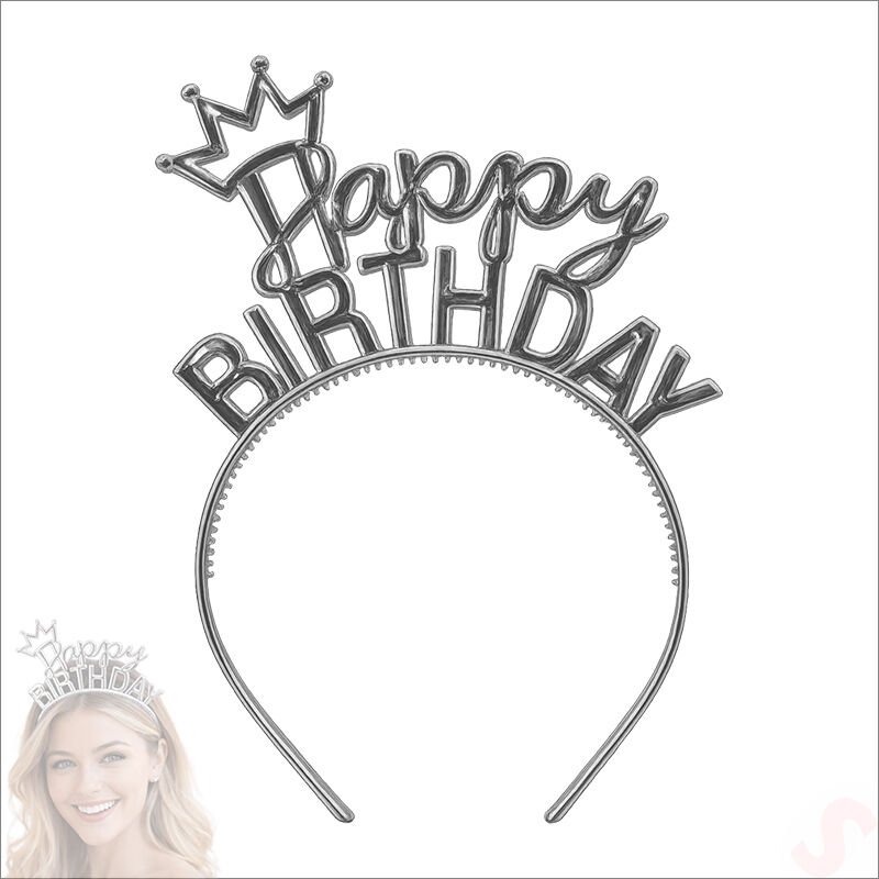 Taçlı Happy Birthday Plastik Taç - Gümüş