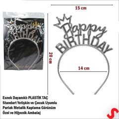 Taçlı Happy Birthday Plastik Taç - Gümüş