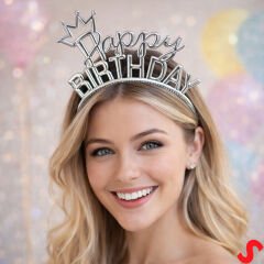 Taçlı Happy Birthday Plastik Taç - Gümüş