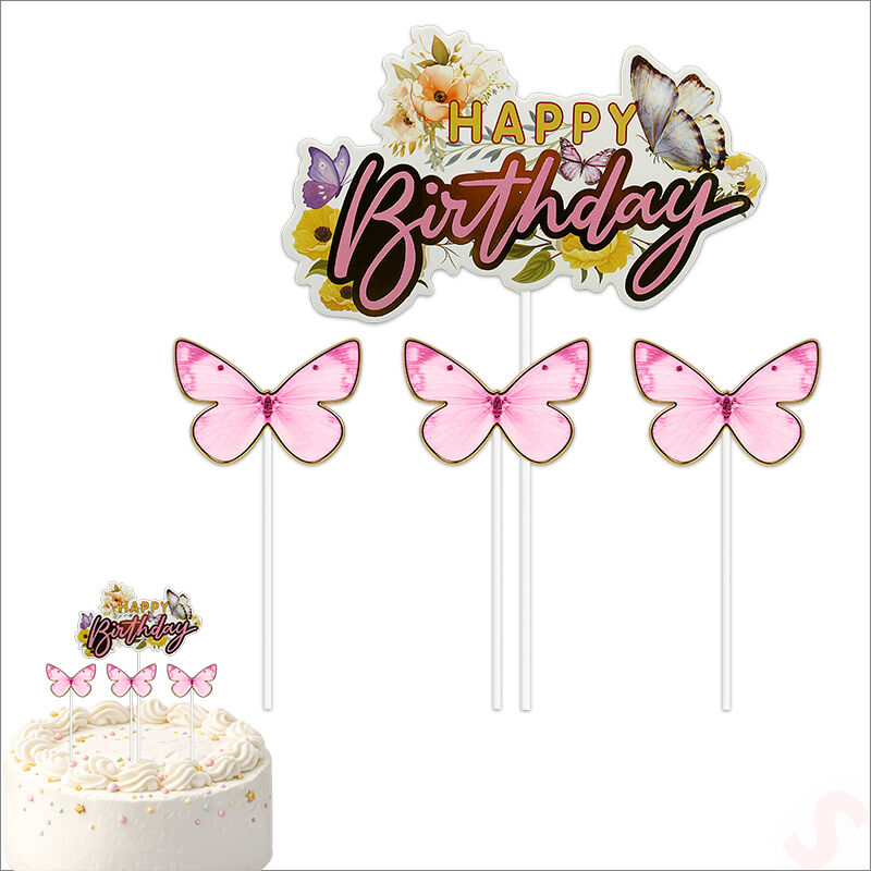 Kelebekli Happy Birthday Pasta Süsü 4’lü Set - Pembe
