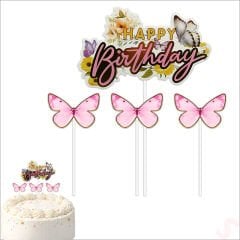 Kelebekli Happy Birthday Pasta Süsü 4’lü Set - Pembe