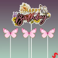 Kelebekli Happy Birthday Pasta Süsü 4’lü Set - Pembe