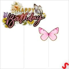 Kelebekli Happy Birthday Pasta Süsü 4’lü Set - Pembe