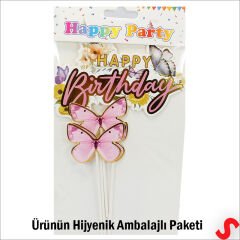 Kelebekli Happy Birthday Pasta Süsü 4’lü Set - Pembe