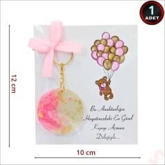 Kartlıklı Pembe Taşlı Epoksi Anahtarlık, Altın - 1 Adet