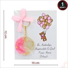 Kartlıklı Pembe Taşlı Epoksi Anahtarlık, Altın - 1 Adet