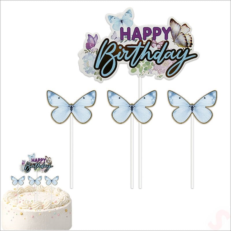 Kelebekli Happy Birthday Pasta Süsü 4’lü Set - Mavi