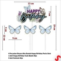 Kelebekli Happy Birthday Pasta Süsü 4’lü Set - Mavi