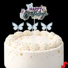 Kelebekli Happy Birthday Pasta Süsü 4’lü Set - Mavi