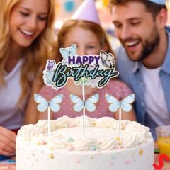 Kelebekli Happy Birthday Pasta Süsü 4’lü Set - Mavi