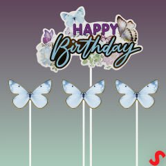 Kelebekli Happy Birthday Pasta Süsü 4’lü Set - Mavi