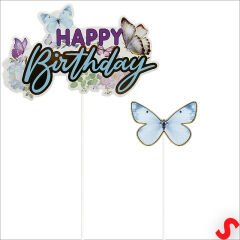 Kelebekli Happy Birthday Pasta Süsü 4’lü Set - Mavi