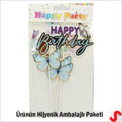 Kelebekli Happy Birthday Pasta Süsü 4’lü Set - Mavi