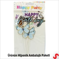 Kelebekli Happy Birthday Pasta Süsü 4’lü Set - Mavi