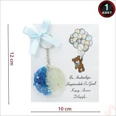 Kartlıklı Mavi Taşlı Epoksi Anahtarlık, Gümüş - 1 Adet